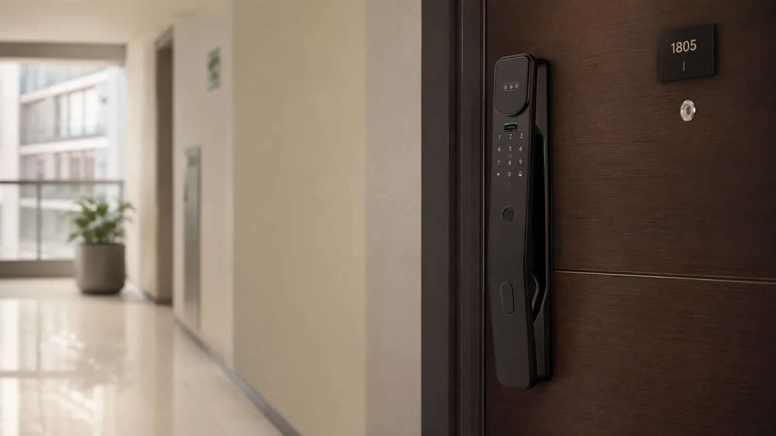 Cerradura eléctrica moderna instalada en puerta de departamento