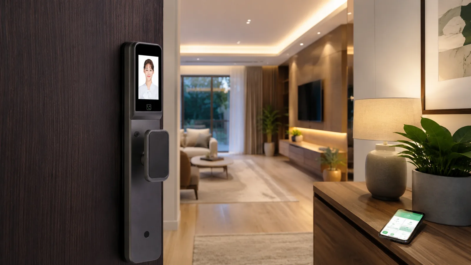 Cerradura electrónica moderna en hogar inteligente con control desde smartphone