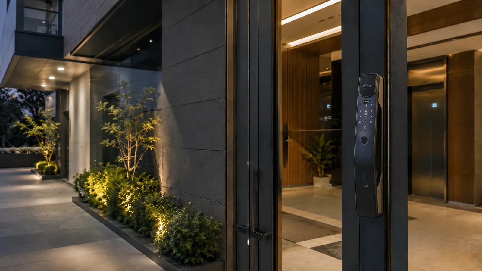 Cerradura electrónica urbana en acceso de edificio residencial