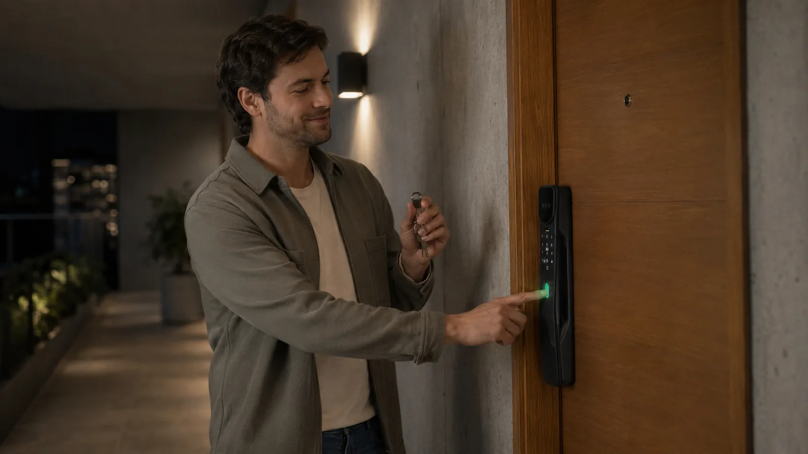 Adulto usando interfaz de cerradura eléctrica de noche