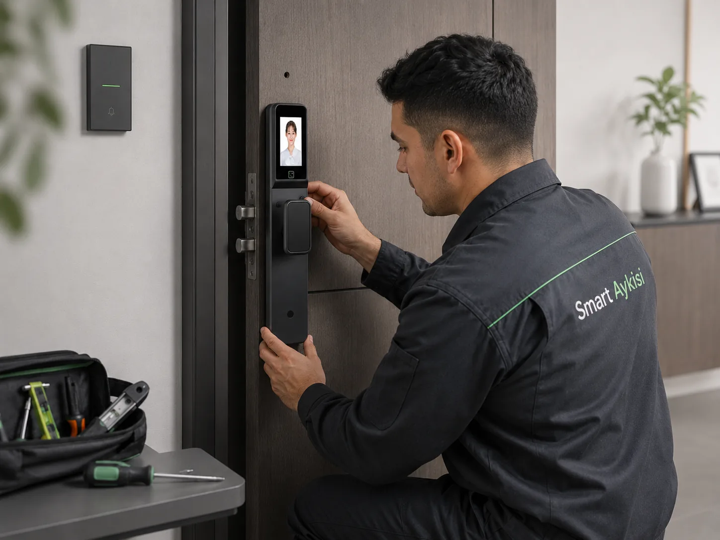 Técnico montando una cerradura electrónica en Chile