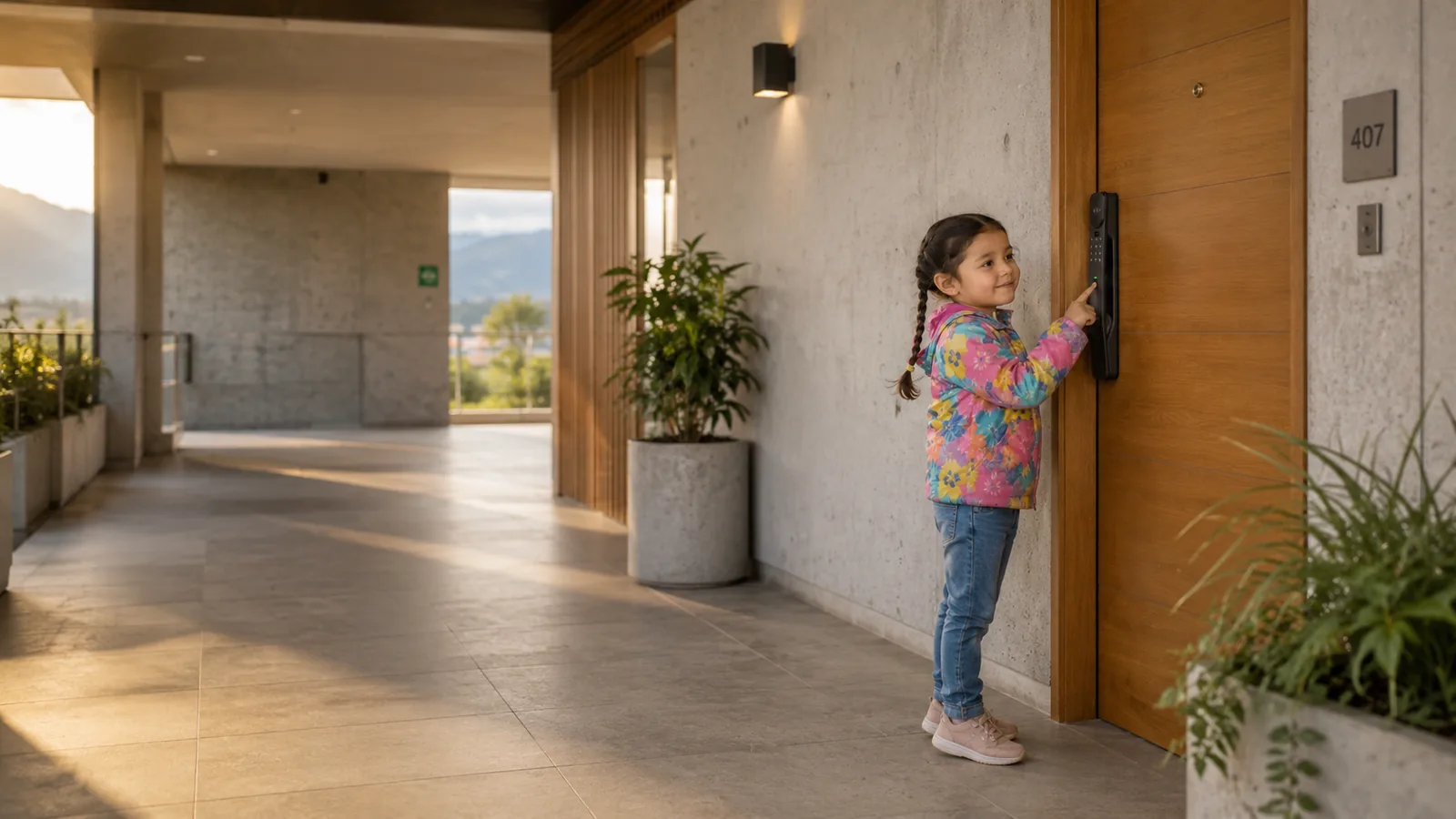 Niña junto a puerta con cerradura eléctrica residencial